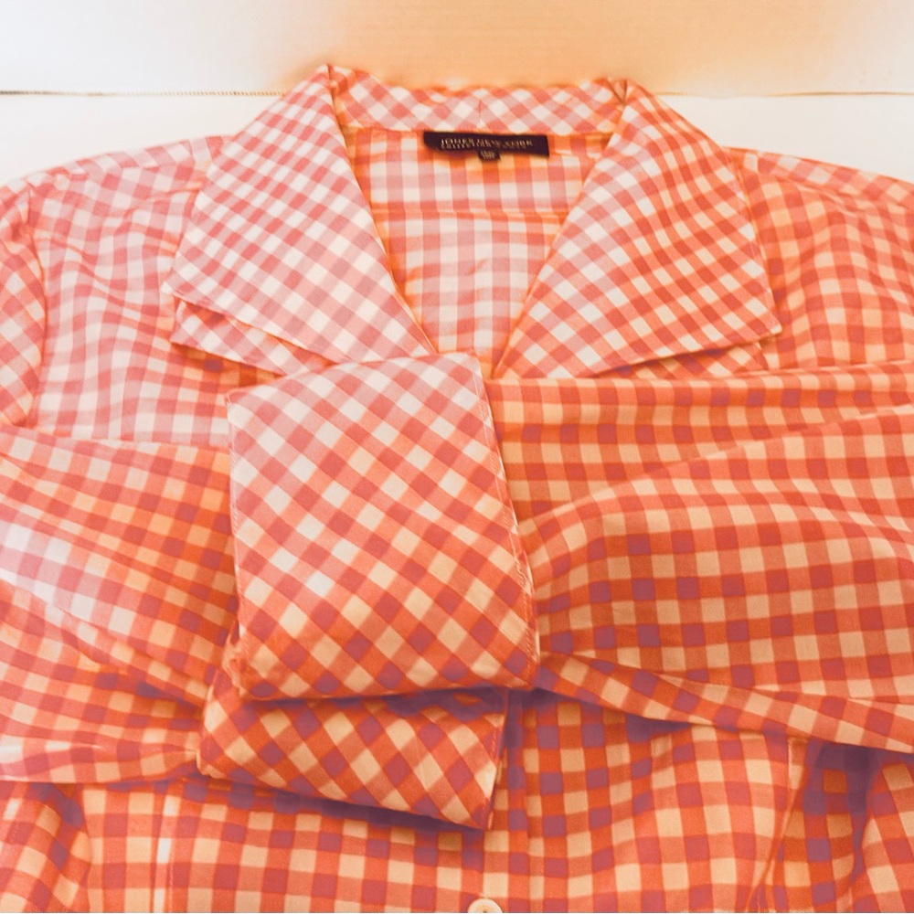 Jones New York Collection Pink Gingham Silk Blouse Long Sleeve Cuffs Size 14W - Picture 13 of 16